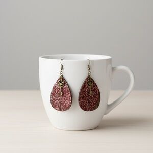 Vintage Inspired Red Floral Teardrop Earrings with Gold Key Charm